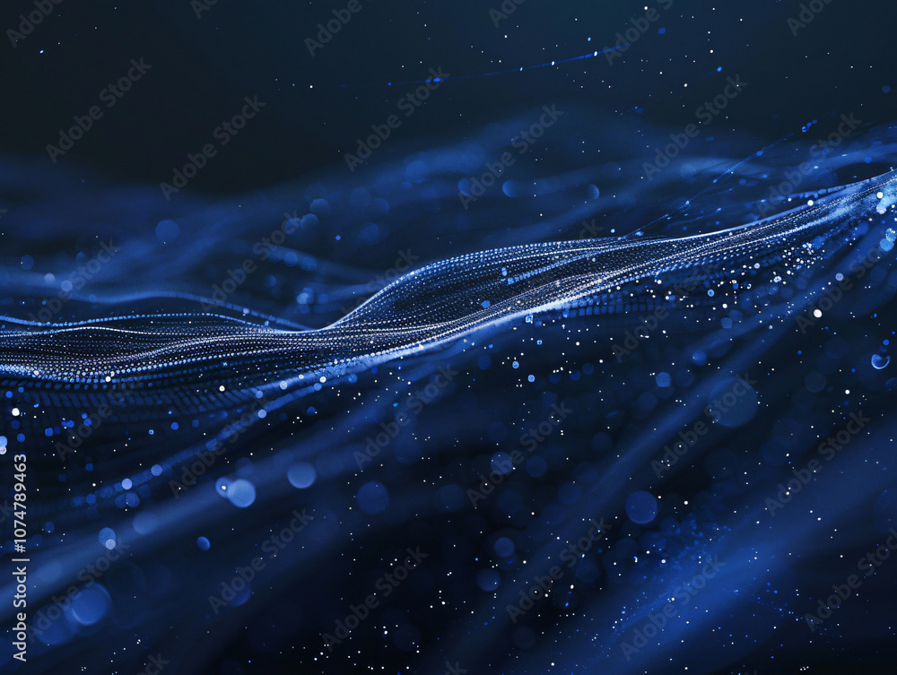 Poster another abstract digital image features flowing lines and particles in a dark blue setting, creating