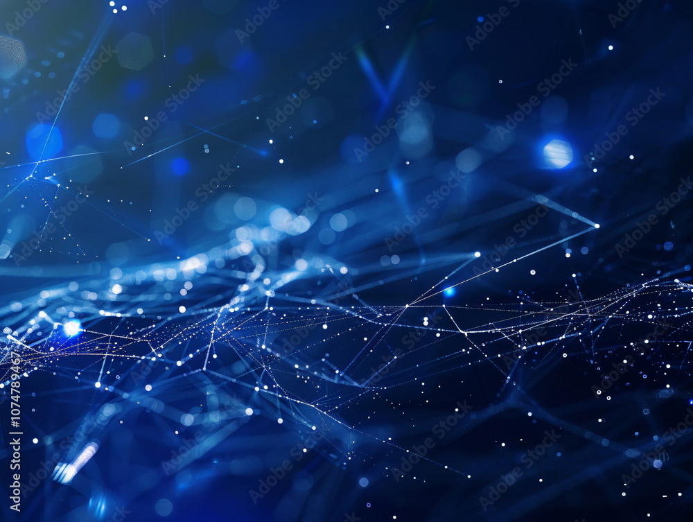 Aufkleber an abstract digital artwork showcases a cosmic scene with bright blue particles and lines, creating 