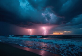 A dramatic stormy seascape with lightning striking the ocean during a sunset