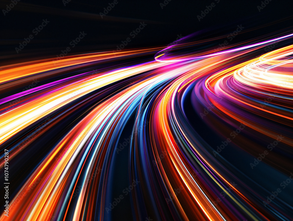 Poster another dynamic digital artwork showcases bright, flowing light trails in various colors, creating a