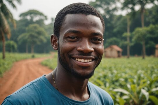 Close portrait of a smiling young Ivorian male farmer standing and looking at the camera, outdoors Ivorian rural blurred background