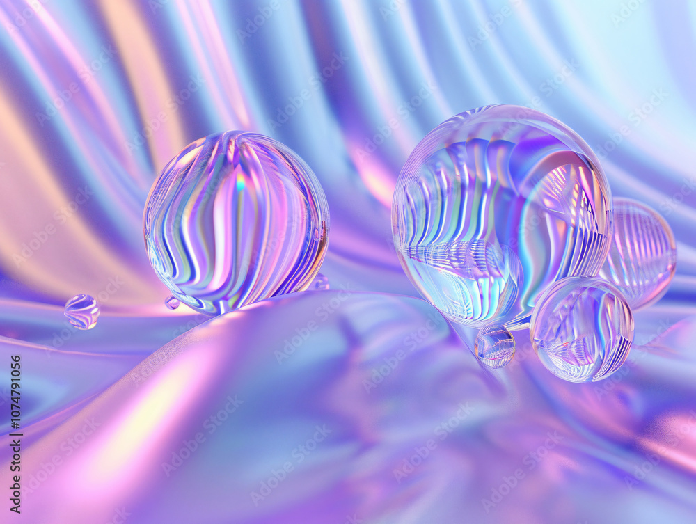 Poster a close-up image features glass spheres resting on a soft, pastel background, reflecting light and c