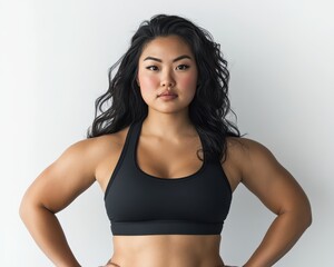 Fototapeta premium Asian curvy woman in colorful scarf, thoughtful gaze, white background, diversity and selfexpression