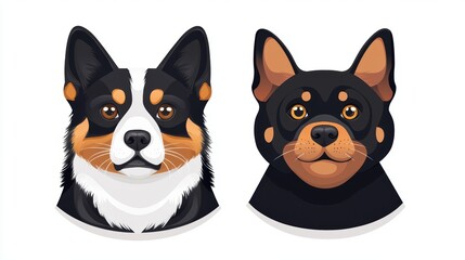Two stylized dog heads: a tricolor corgi and a black-and-tan dog, showcasing their distinct features and friendly expressions.