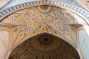 The ceiling of Agha Bozorg Mosque is adorned with carvings, Kashan, Iran