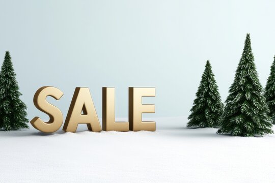 A festive scene featuring the word "SALE" surrounded by snow-covered trees, conveying a winter discount promotion.