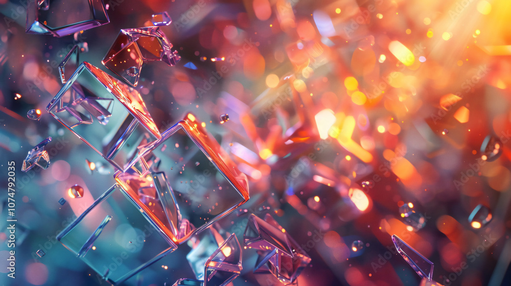 Poster a vibrant close-up captures colorful shards of glass reflecting light, creating an abstract and dyna