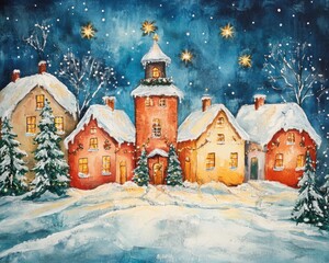 Fototapeta premium Illustration of cozy houses in a snowy city under a starry sky with lights in the windows for Christmas