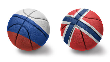 basketball balls with the national flags of norway and russia on the white background.