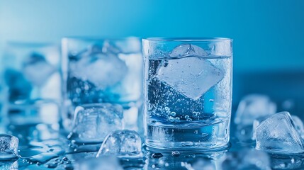 A glass of water with ice cubes on a blue background.