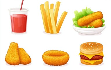 A colorful assortment of fast food items including a drink, fries, nuggets, onion rings, and a burger with lettuce, exemplifying delicious snacks.
