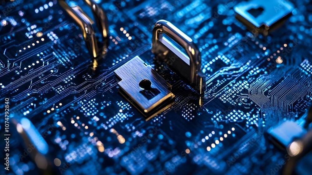 Poster a blue circuit board with a keyhole in the middle. the keyhole is surrounded by a number of other ke