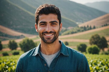 Close portrait of a smiling young Lebanese male farmer standing and looking at the camera, outdoors Lebanese rural blurred background