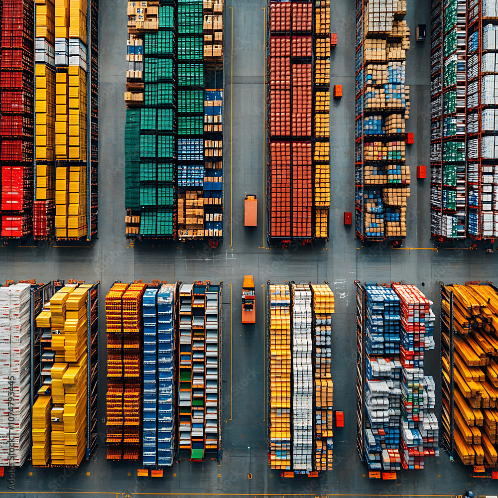 Poster aerial view of large distribution center with rows of colorful storage containers, showcasing organi