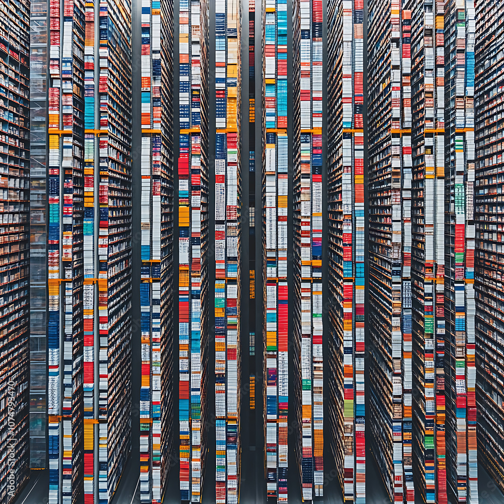Poster aerial view of large distribution center with rows of shelves filled with colorful boxes and product