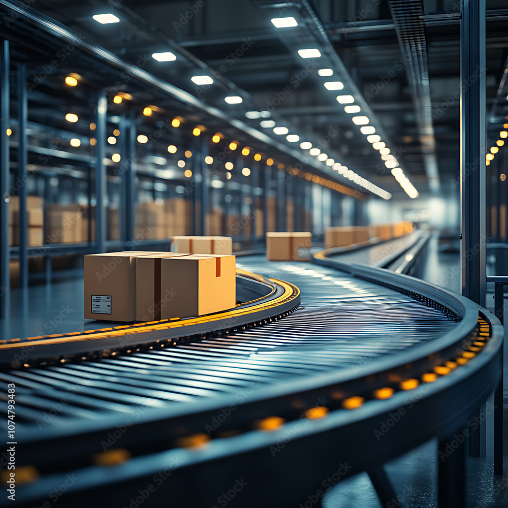 Poster automated sorting system in warehouse with packages moving along conveyor belt, showcasing efficienc