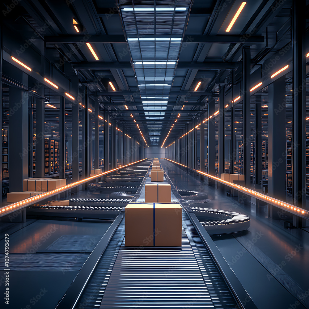 Poster automated warehouse with conveyor system sorting packages efficiently, showcasing modern logistics t