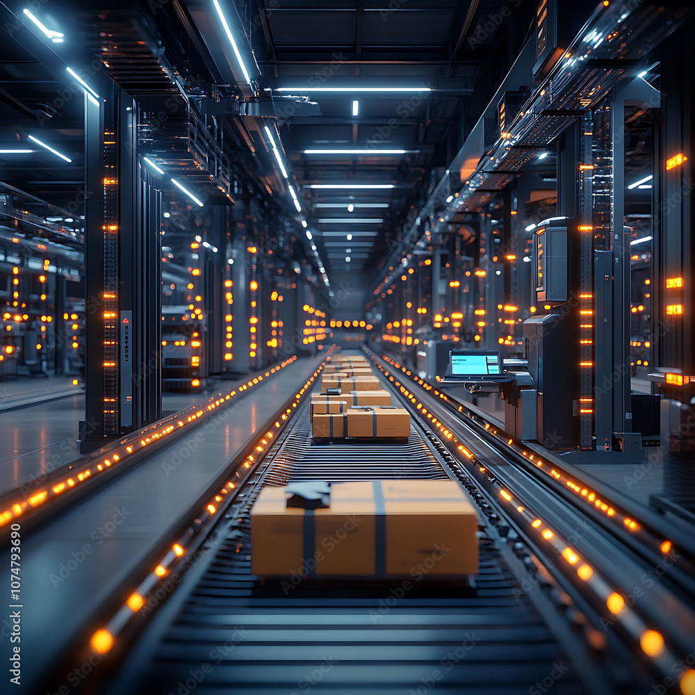 Poster automated warehouse with conveyor system sorting packages efficiently, showcasing modern logistics t