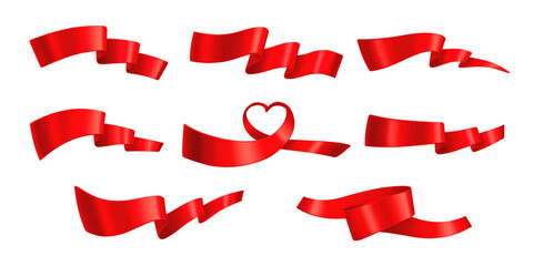 Set of realistic waved red silk ribbons isolated on a white background. Design element for greeting card. Beautiful holiday decorations. Vector illustration