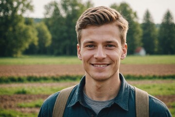 Close portrait of a smiling young Lithuanian male farmer standing and looking at the camera, outdoors Lithuanian rural blurred background