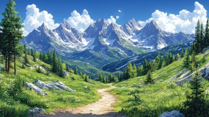 Obraz premium Majestic Mountain Range with a Path Leading Through the Forest
