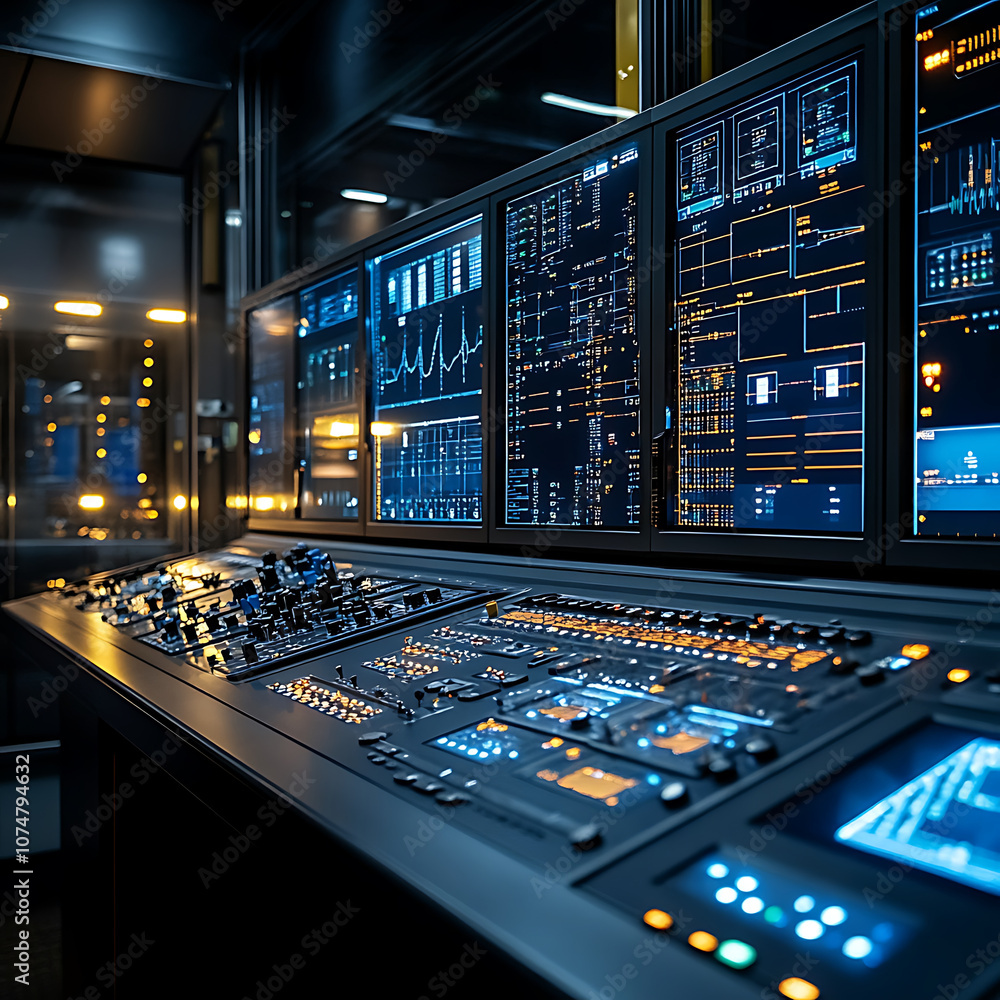 Poster high tech control room with digital interfaces and monitoring screens, showcasing advanced fuel proc
