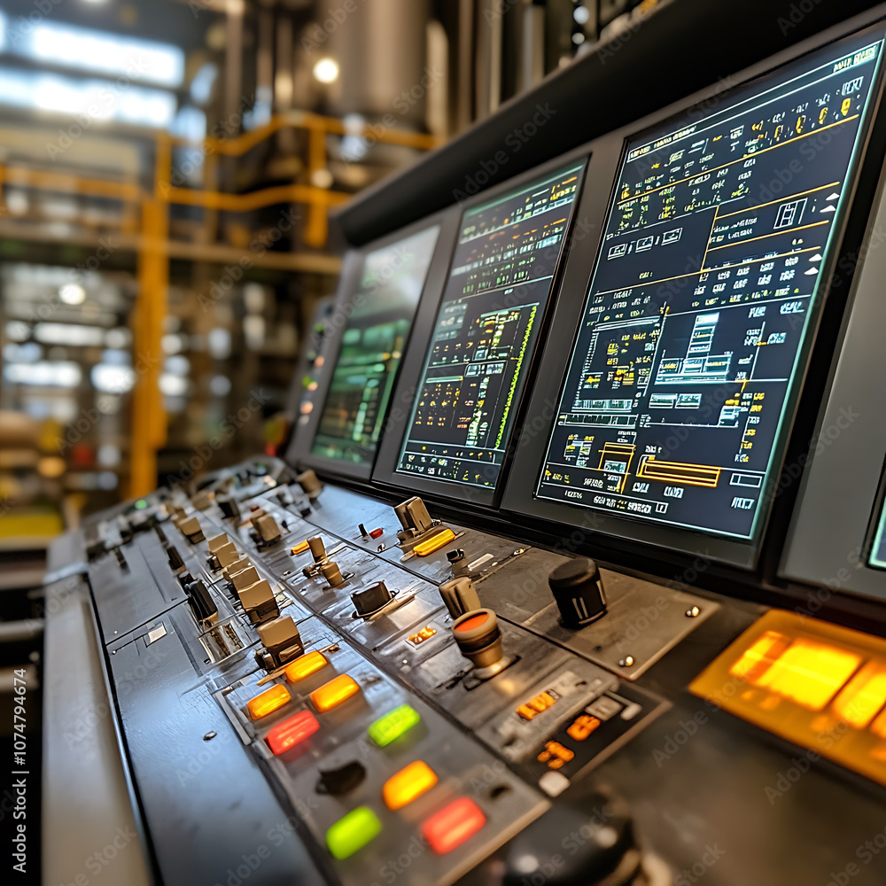 Poster control room with digital interfaces and monitoring systems for fuel processing, showcasing advanced