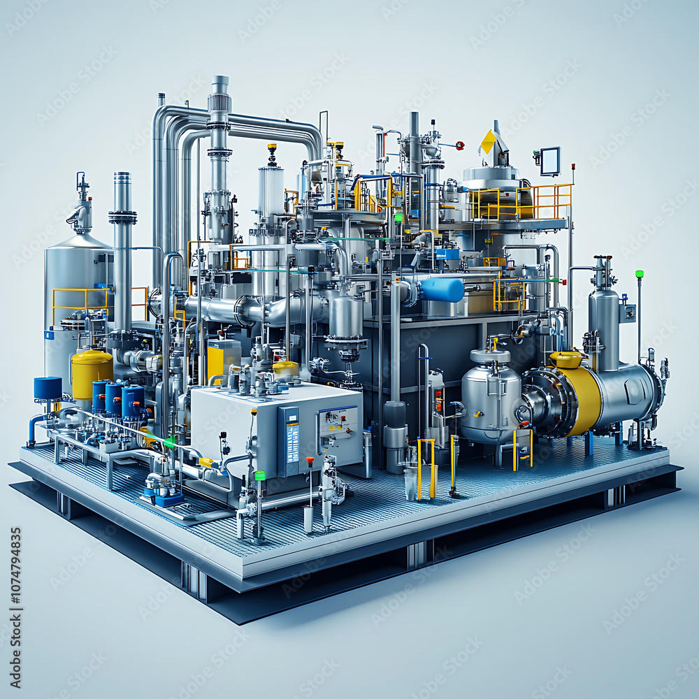 Poster high tech fuel processing unit with advanced machinery and clean design, showcasing intricate piping