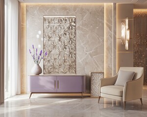 Chic entrance hall lit naturally with a lavender cabinet, cream armchair, and stylish screen.