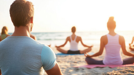 Group yoga practice on the beach at sunset for relaxation and mindfulness