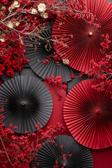 Chinese New Year 2025 .Decor pattern fan on red background. Red paper fans .Lunar New Year banner template. Lunar New Year,chinese banner,chinese new year background