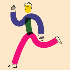 Human character in geometric flat style. An active guy, a man on the move. The effect of risograph printing. For social networks, posters, banners, fabric design.