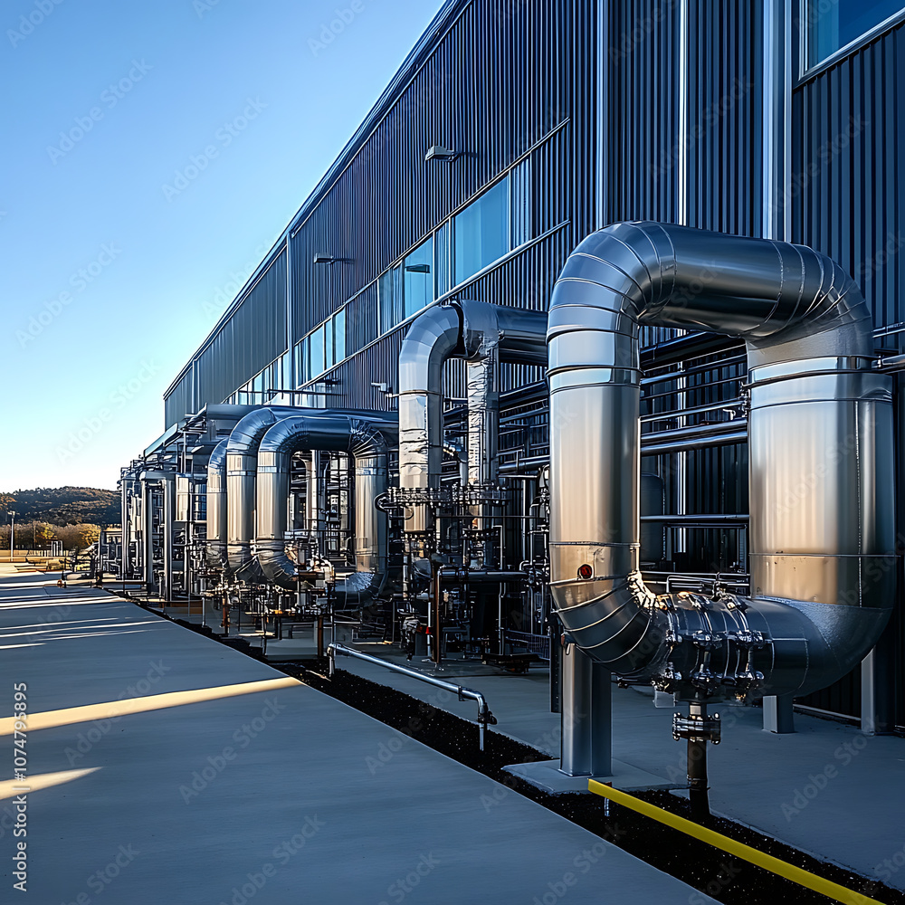 Poster modern natural gas processing facility showcasing complex piping system with metallic pipes and indu