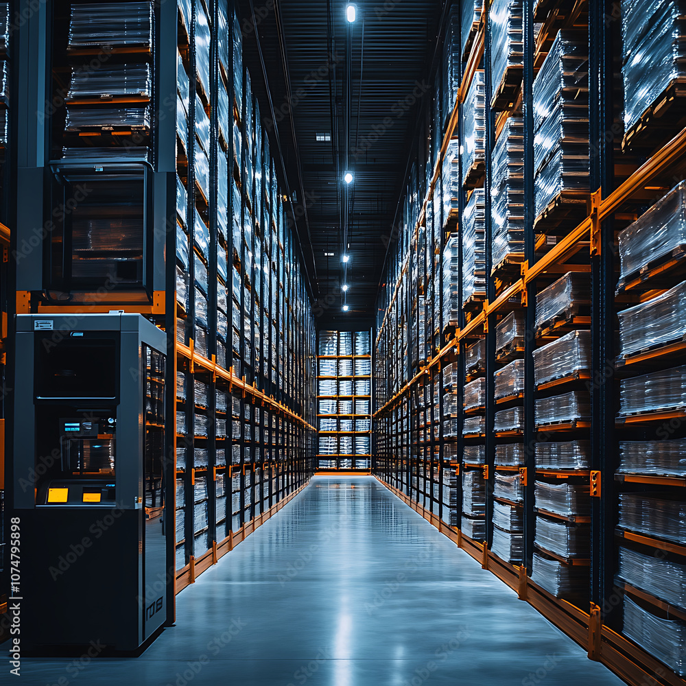 Poster modern automated storage facility with high shelving and organized layout, showcasing efficient use 
