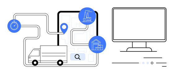 Truck navigating mapped route using location pin, industrial, residential markers, stopwatch, and computer screen. Ideal for logistics management, delivery services, route planning, time tracking