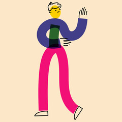 Obraz premium Human character in geometric flat style. An active guy, a man on the move. The effect of risograph printing. For social networks, posters, banners, fabric design.