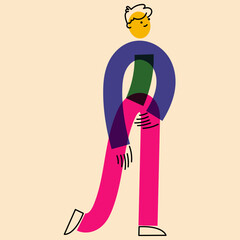 Human character in geometric flat style. An active guy, a man on the move. The effect of risograph printing. For social networks, posters, banners, fabric design.