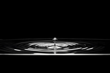 Single water droplet creating ripples on a smooth, black surface, representing tranquility, minimalism, and the impact of nature