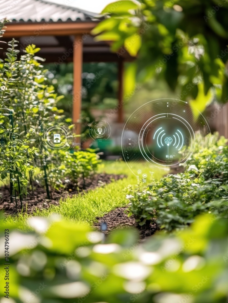 Poster this smart garden features lush greenery with automated sprinklers and soil sensors enhancing the gr