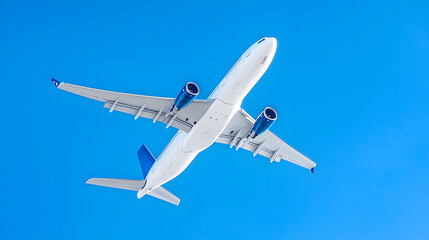 Obraz premium A passenger airplane flying in blue sky, view from bottom up.