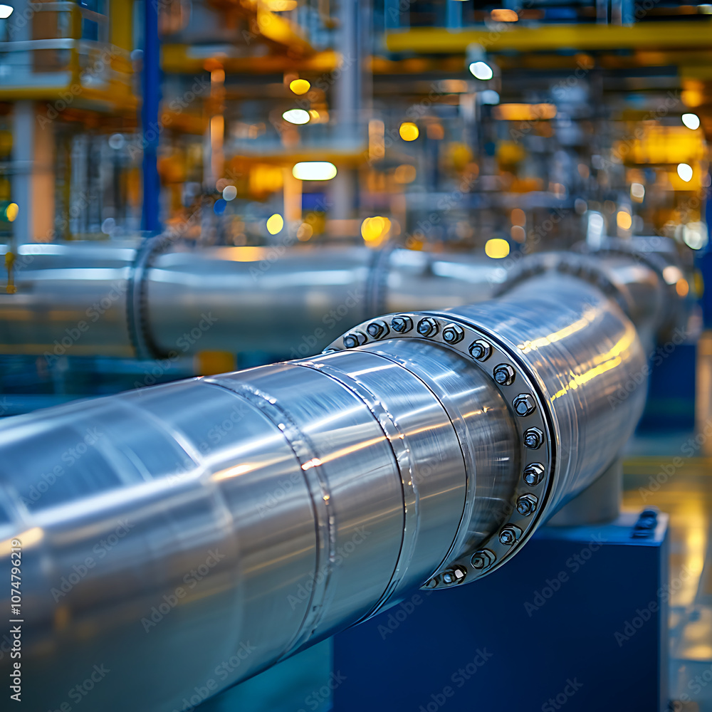 Poster pipelines at gas refinery showcase smooth, industrial design with metallic surfaces reflecting ambie