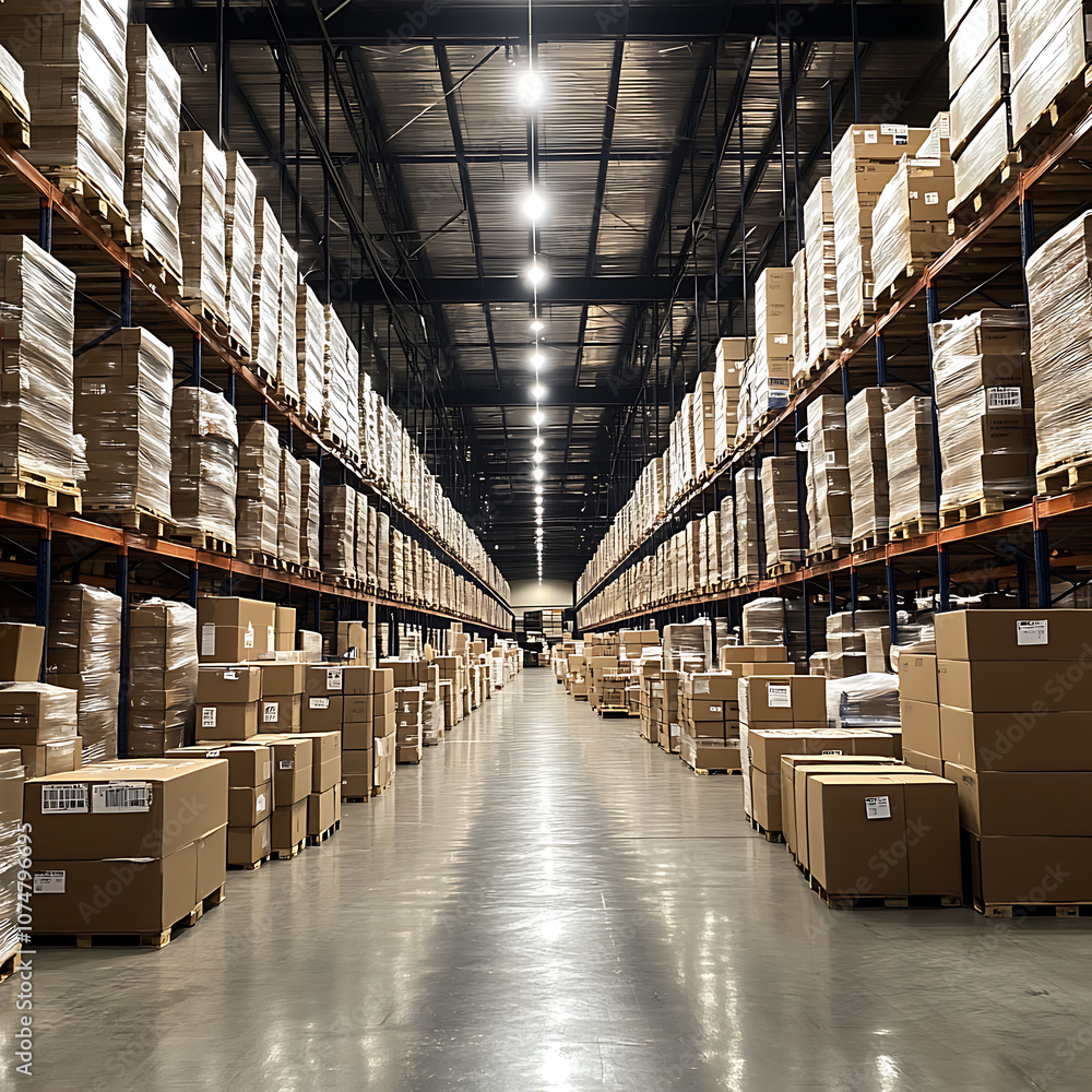 Poster rows of neatly stacked boxes in modern warehouse interior create organized and efficient storage spa