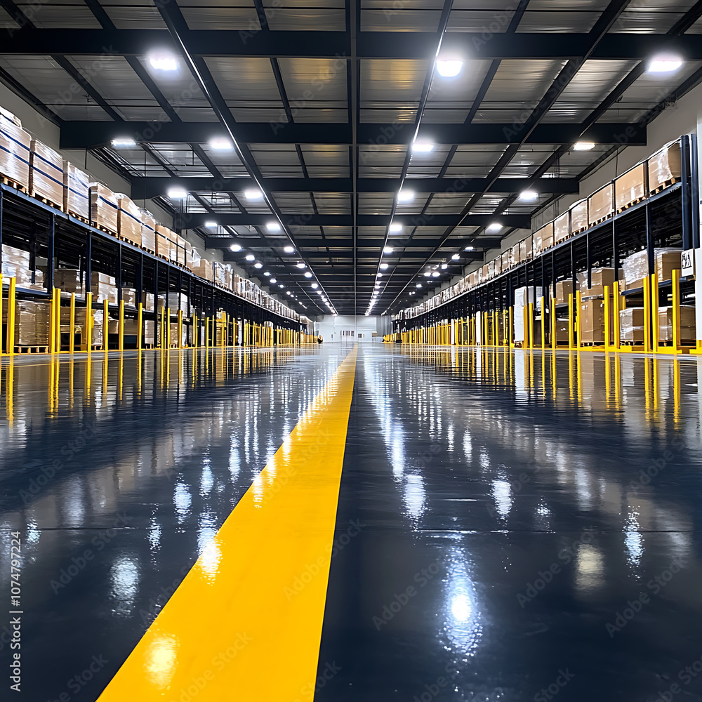 Poster efficient warehouse layout with clear safety markings and organized storage. shiny floor reflects br