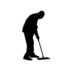 a old aged man are cleaning the floor with floor mat, vector silhouette