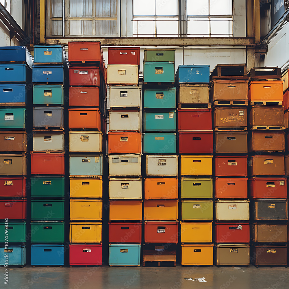 Poster colorful stacks of storage boxes arranged neatly in warehouse, showcasing organized and efficient sp