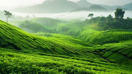 A lush green tea plantation capturing the rolling hills covered in vibrant tea plants - Powered by Adobe