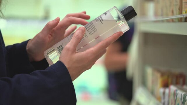 Close-up hands hold transparent bottle of body wash or shampoo. Customer reading label with ingredients, examining composition in cosmetics store, choosing cosmetic product, making purchasing decision