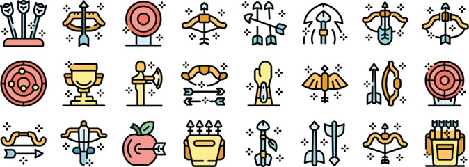 Colorful archery icons represent various aspects of the sport, including bows, arrows, targets, quivers, and other related equipment