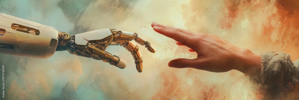 Poster An outstretched human hand reaches toward a robotic hand, representing the merging of technology and humanity in a moment of interaction. Generative AI