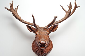 Fototapeta premium A decorative sculpture of a deer head with antlers, mounted on a wall.